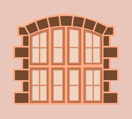 vector illustration vintage windows. Retro round window frames. view on house wall.