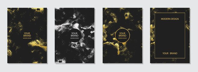 Unusual cover design. Luxurious pattern of scratches, sparkles, spots on a black background. Collection of vertical templates, golden grunge texture for brochure, flyer, presentation, poster, book 