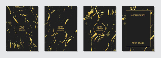 Unusual cover design. Creative pattern of sparkles and spots on a black background. Collection of vertical templates, golden grunge texture for brochure, flyer, presentation, poster, book template.

