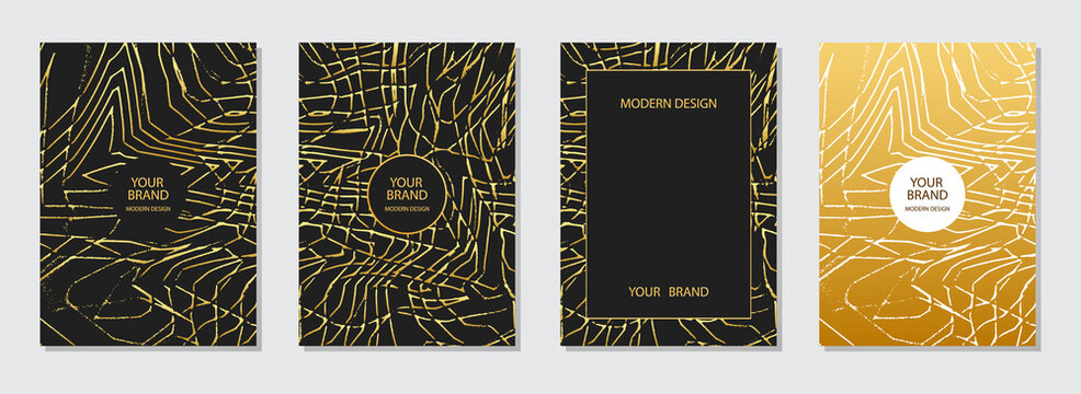 Unusual cover design. Modern pattern of scratches, lines on a black background. Collection of vertical templates, golden grunge texture for brochure, flyer, presentation, poster, book template.