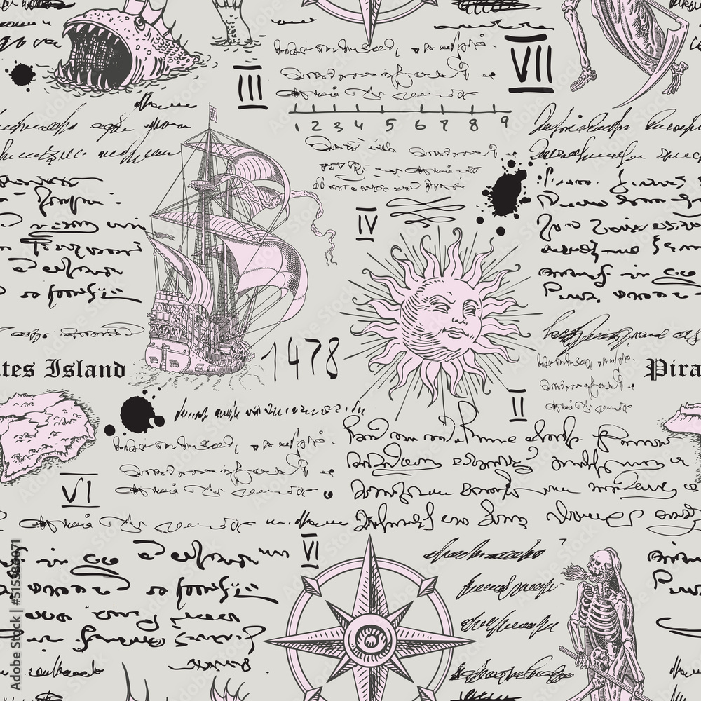 Poster vector image of a seamless texture in the style of a medieval nautical record of the captain's diary