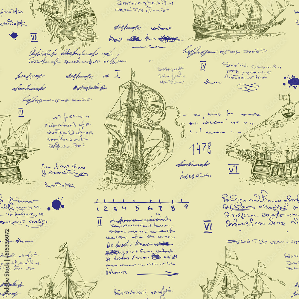 Poster vector image of a seamless texture in the style of a medieval nautical record of the captain's diary