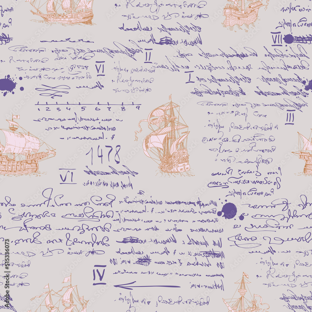 Poster vector image of a seamless texture in the style of a medieval nautical record of the captain's diary
