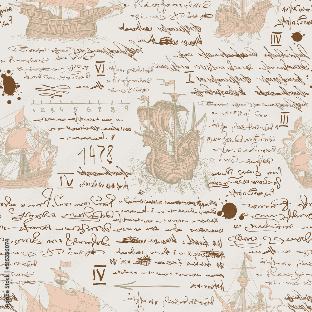 Poster vector image of a seamless texture in the style of a medieval nautical record of the captain's diary
