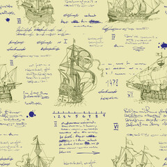 Vector image of a seamless texture in the style of a medieval nautical record of the captain's diary engraving sketch	