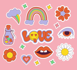 Set of love stickers retro groovy elements, cute funky hippy. Cute lettering Love in groovy style with in smiley face, daisy flowers, rainbow and lips. Vector clipart 60s, 70s, 80s, 90s vibes element