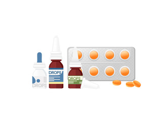 Set of different types of medical dropper with blister tablets pack vector illustration on white background