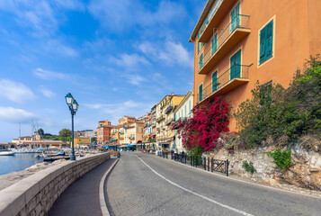 France, French Riviera, Villefranche old city streets in historic city center near sea promenade.