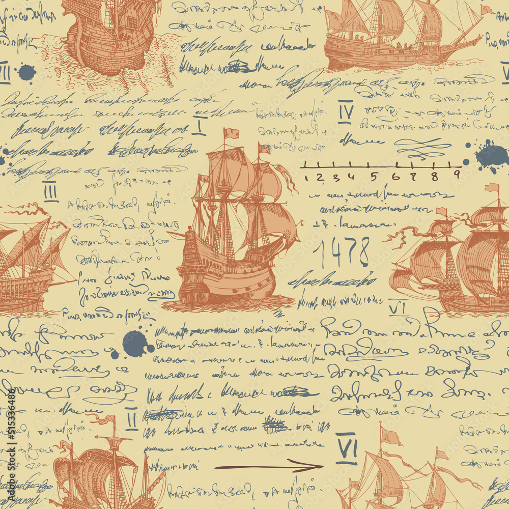 Poster vector image of a seamless texture in the style of a medieval nautical record of the captain's diary