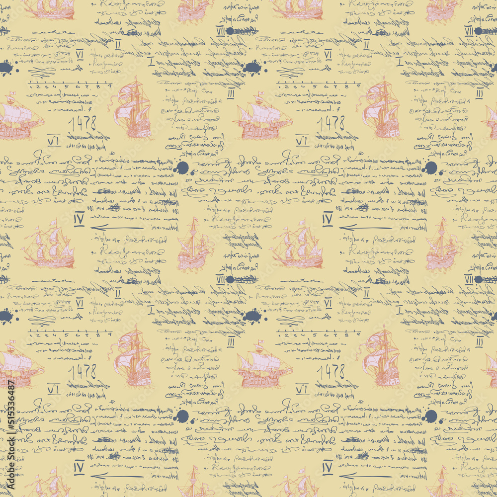 Poster vector image of a seamless texture in the style of a medieval nautical record of the captain's diary