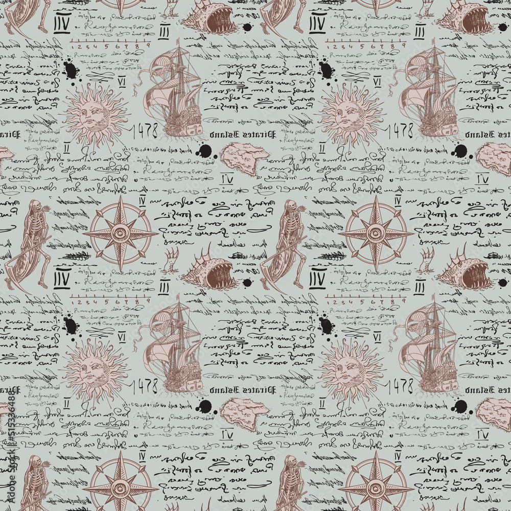 Poster vector image of a seamless texture in the style of a medieval nautical record of the captain's diary