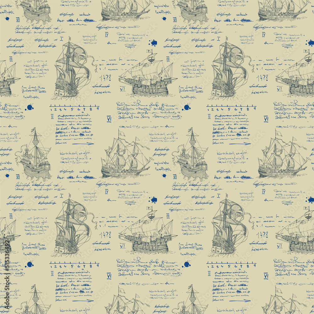 Poster vector image of a seamless texture in the style of a medieval nautical record of the captain's diary