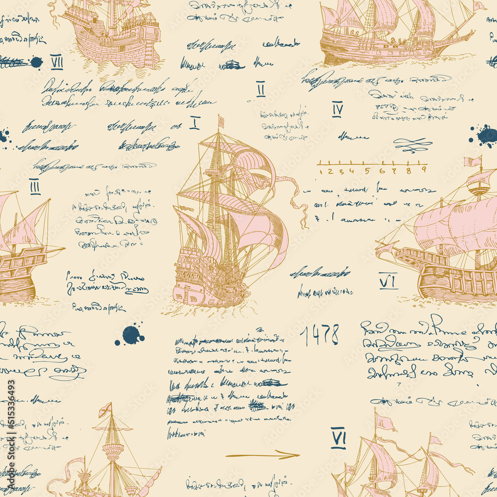 Poster vector image of a seamless texture in the style of a medieval nautical record of the captain's diary