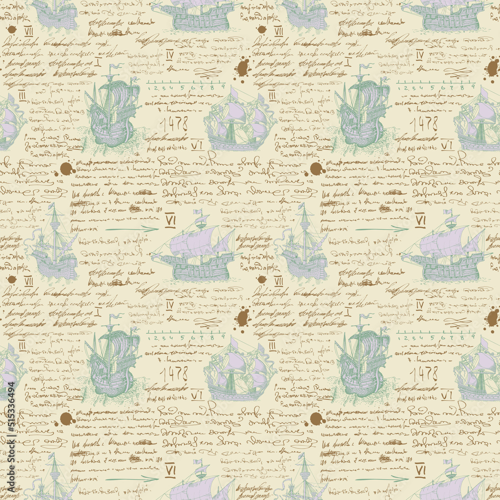 Poster vector image of a seamless texture in the style of a medieval nautical record of the captain's diary