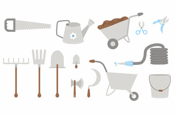 Large collection of garden farming tools. Shovel, rake, pitchfork, bucket, wheelbarrow and watering can, hose and saw, ax and sickle. Vector illustration. Isolated gardening and farming tools.