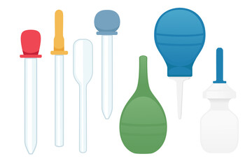 Collection of enema and pipettes medical instruments vector illustration on white background