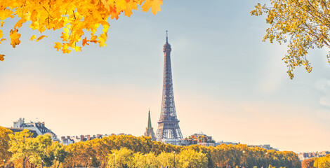 Eiffel tower, Paris panorama sunset autumn landscape with bridge on Seine in Paris, France