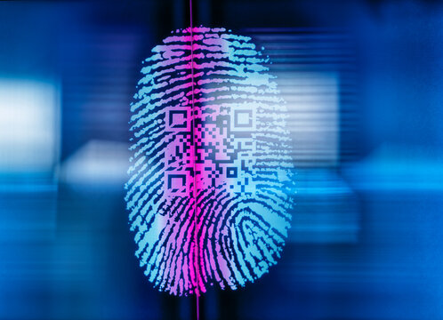 Finger print with QR code being scanned - Powered by Adobe