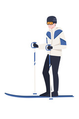 Male skier standing still with blue ski and sticks and winter jacket cartoon character design vector illustration on white background