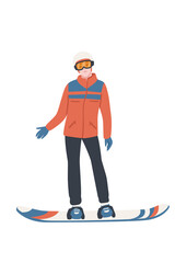 Adult snowboarder standing still with white snowboard and orange winter jacket cartoon character design vector illustration on white background