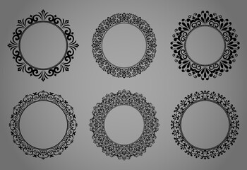 Set of decorative frames Elegant vector element for design in Eastern style, place for text. Floral black and gray borders. Lace illustration for invitations and greeting cards