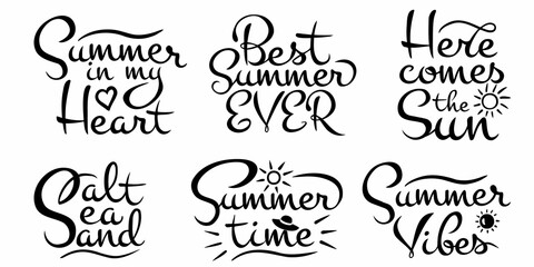 Vector set of six calligraphic inscriptions on the theme of the sun and summer in black