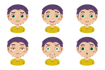 Collection of face expressions cute children cartoon character design. Different emotions boy Vector illustration. Face of smiling, crying, anger, surprise, indifferent isolated on white background.