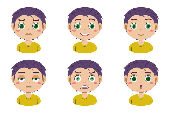 Collection of face expressions cute children cartoon character design. Different emotions boy Vector illustration. Face of smiling, crying, anger, surprise, indifferent isolated on white background.