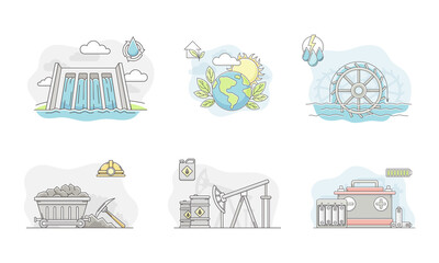 Obraz premium Power generation resources set. Electric energy generation stations vector illustration