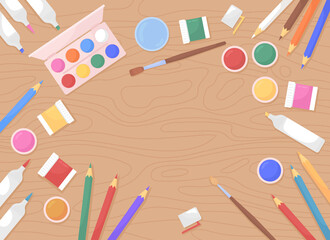 Wooden desk top with artistic stationery flat color vector background template. Art workshop. Painting, drawing classes. Craft studio. Fully editable 2D illustration with copy space for text