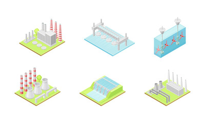 Power stations set. Renewable green energy production vector illustration