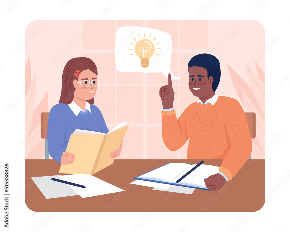 Poster came up with idea about group project 2d vector isolated illustration. students exchanging thoughts 