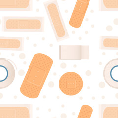 Seamless pattern of medical plaster adhesive bandage for aid of wound vector illustration on white background
