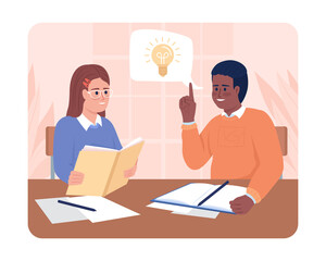 Came up with idea about group project 2D vector isolated illustration. Students exchanging thoughts flat characters on cartoon background. Colourful editable scene for mobile, website, presentation