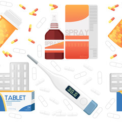 Medicines seamless pattern with lozenge tablet spray and thermometer cold treatment vector illustration on white background