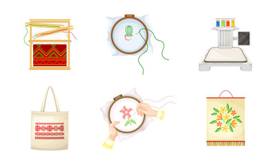 Set of embroidery and needlework tools cartoon vector illustration