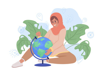 Female adventure lover 2D vector isolated illustration. Excited girl studying 3d Earth globe flat character on cartoon background. Colourful editable scene for mobile, website, presentation