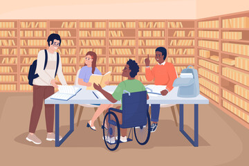 Small group meeting at library flat color vector illustration. School children studying together. Teambuilding. Fully editable 2D simple cartoon characters with school environment on background