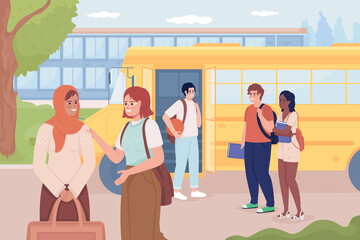 School bus stop before highschool building flat color vector illustration. Morning meeting. Spending time with classmates. Fully editable 2D simple cartoon characters with schoolyard on background