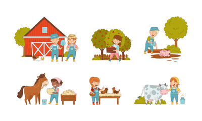 Cute happy kids working on farm set. Children watering plants, harvesting fruit and caring of animals cartoon vector illustration