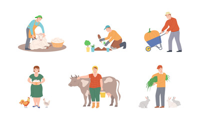 People working on farm set. Farmers shearing sheep, planting seedlings, milking cow cartoon vector illustration