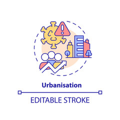 Urbanisation concept icon. Virus spreading. Reason for increased risk of pandemic abstract idea thin line illustration. Isolated outline drawing. Editable stroke. Arial, Myriad Pro-Bold fonts used