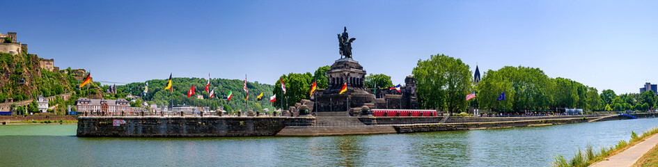 German Corner (Deutsches Eck) in Koblenz at the confluence of Rhine rand Moselle river with the...