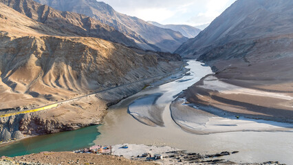 The confluence of Zanskar river and Indus river near the scenic Nimmu valley of Ladakh © mrinal