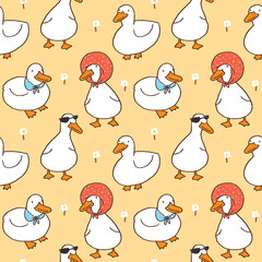 Seamless Pattern with Cartoon Duck Design on Yellow Background