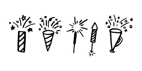 Doodle confetti popper set. Black on white. Vector illustration