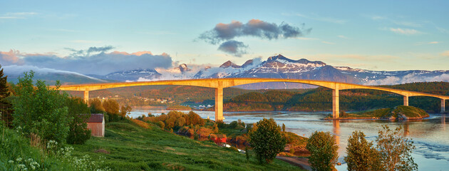 Landscape view of Saltstraumen in Nordland, Norway in winter. Scenery of infrastructure and bridge...