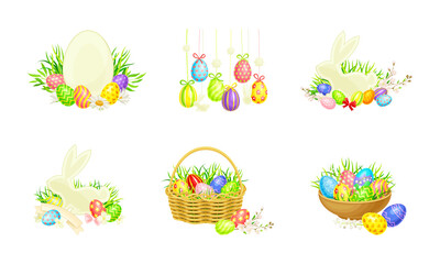 Easter woven basket with colorful eggs and flowers set vector illustration