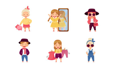 Cute fashionable kids choosing clothes in shop set vector illustration