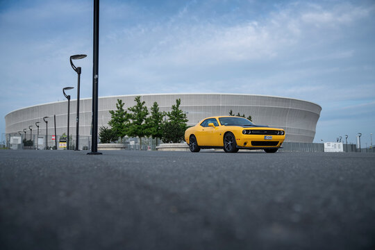 Wroclaw, Poland - June 1, 2019: Dodge Challenger Inf Front Of Sports Stadium